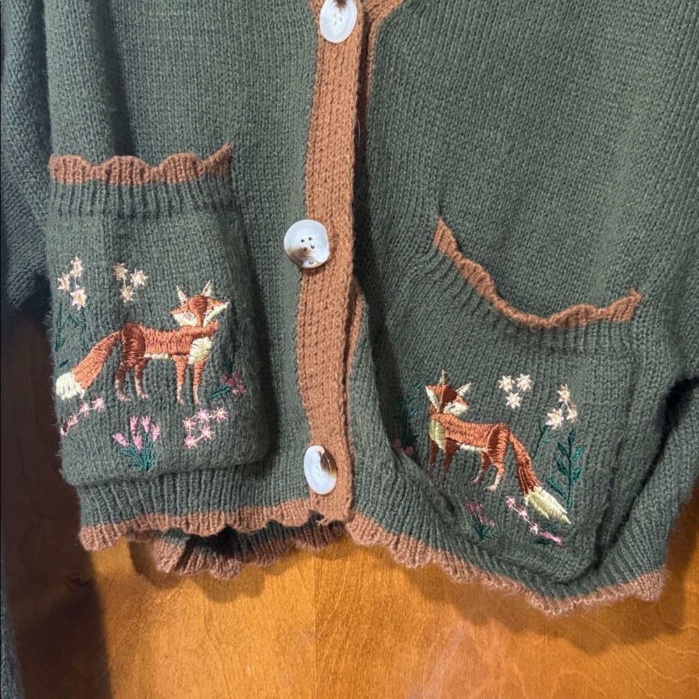 Olive Green V-Neck Embroidered Fox Pocket Women's Cardigan Sweater - Picture 2 of 4